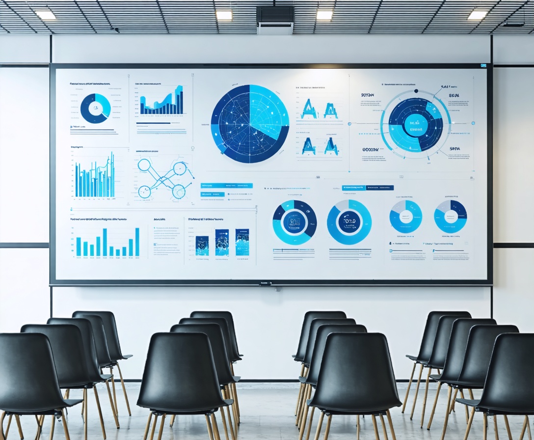 Aula seminari luminosa con lavagna digitale interattiva che mostra diagrammi di intelligenza artificiale