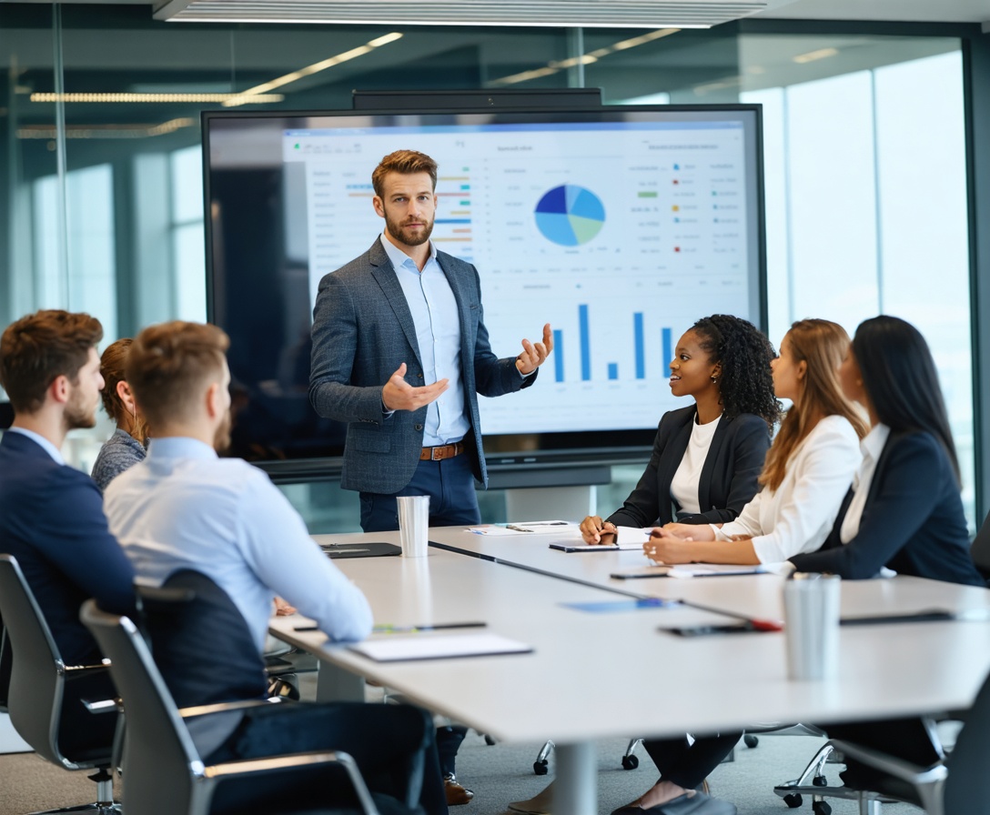 Dirigente d'azienda presenta programmi di formazione IA a un gruppo di dipendenti