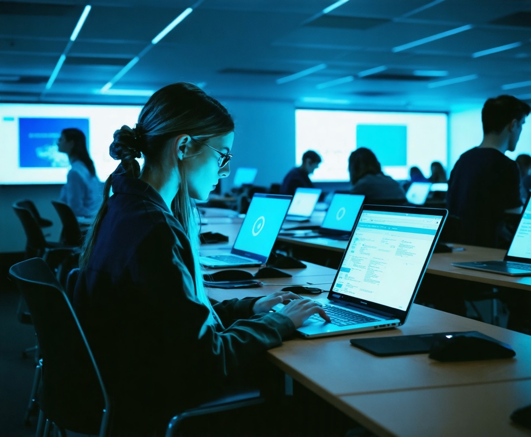 Aula tecnologica moderna a Milano con professionisti che collaborano