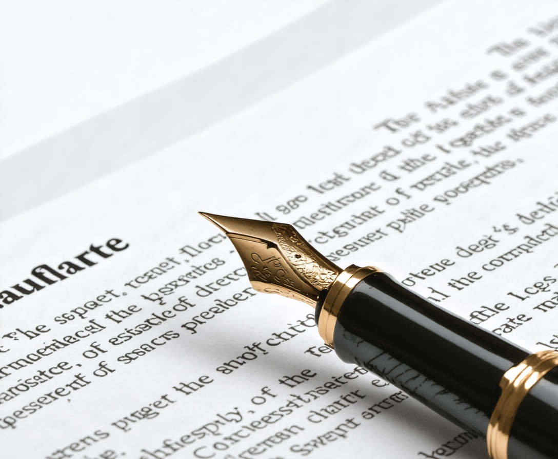 Primo piano di una penna stilografica appoggiata su un documento legale pulito