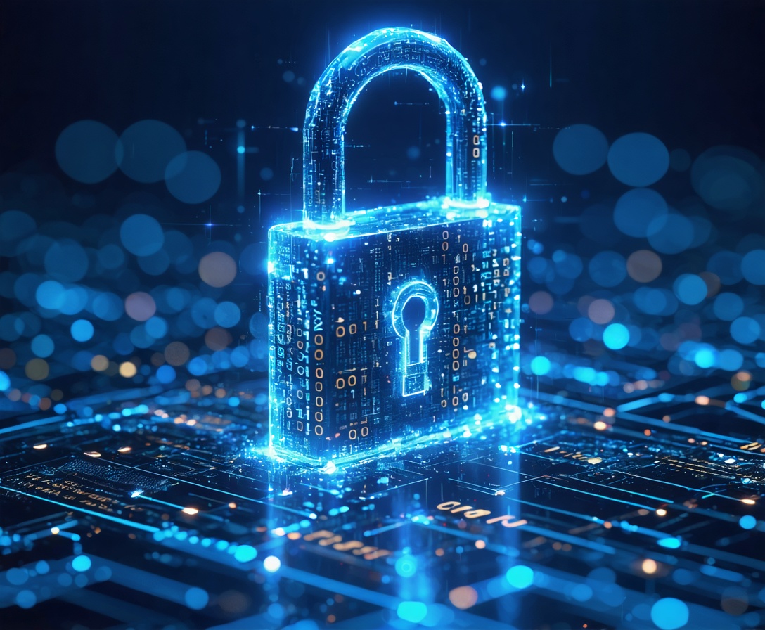 Rappresentazione astratta della sicurezza digitale con un lucchetto olografico