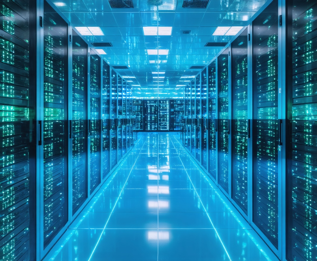 Sala server moderna con illuminazione a LED color teal che rappresenta l'infrastruttura dati